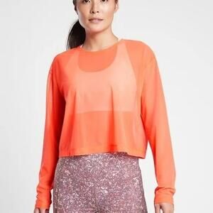 Athleta Womens Circuit Top Small Orange Crop long Sleeve Mesh Neon NWT
